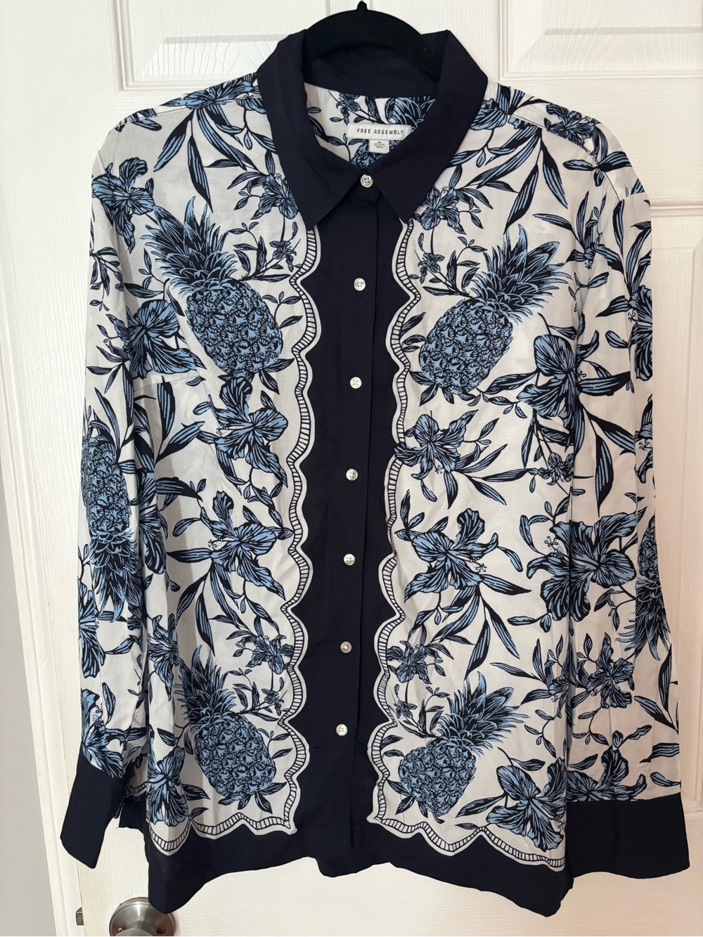 Pineapple Floral Button-Down Shirt - Navy & White